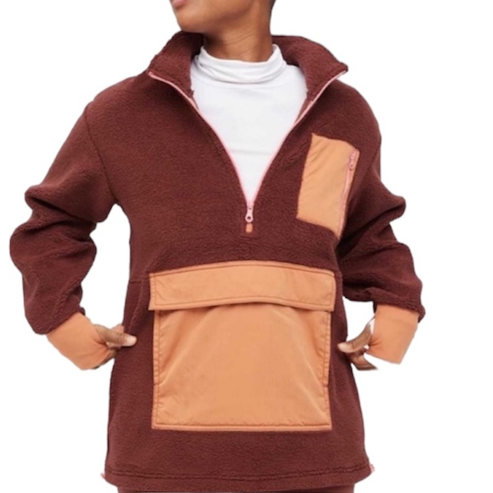 NWOT Aerie Sherpa Quarter Zip Pullover Maroon Burgundy Pockets Oversized XS